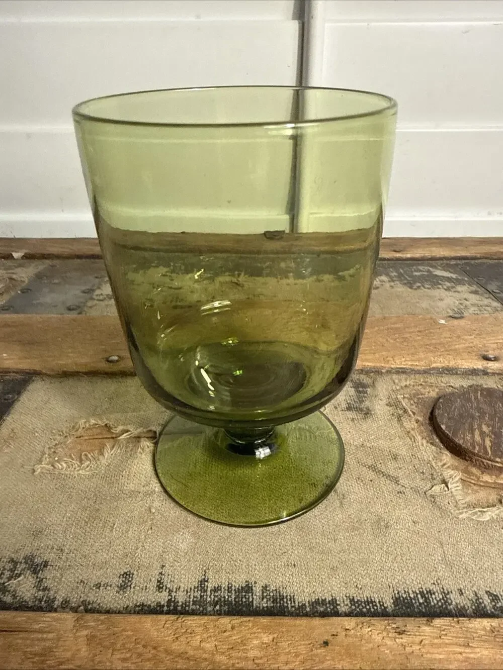 Vintage 1960s Morgantown Green Footed Lead Crystal Water Goblet 5” Tall